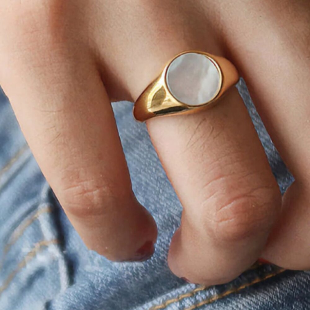 Gold Ring Non Tarnish Mother of Pearl Signet Ring Gold Statement Ring BEAUTIFUL - Picture 6 of 12